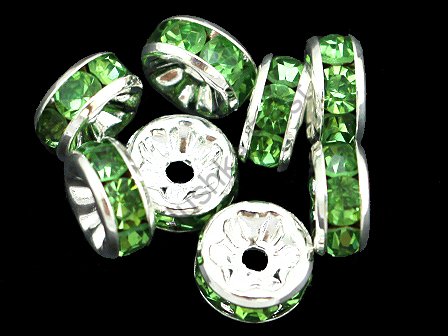 Рондели 8 мм, серебро, со светло-зелеными стразами в Благовещенске